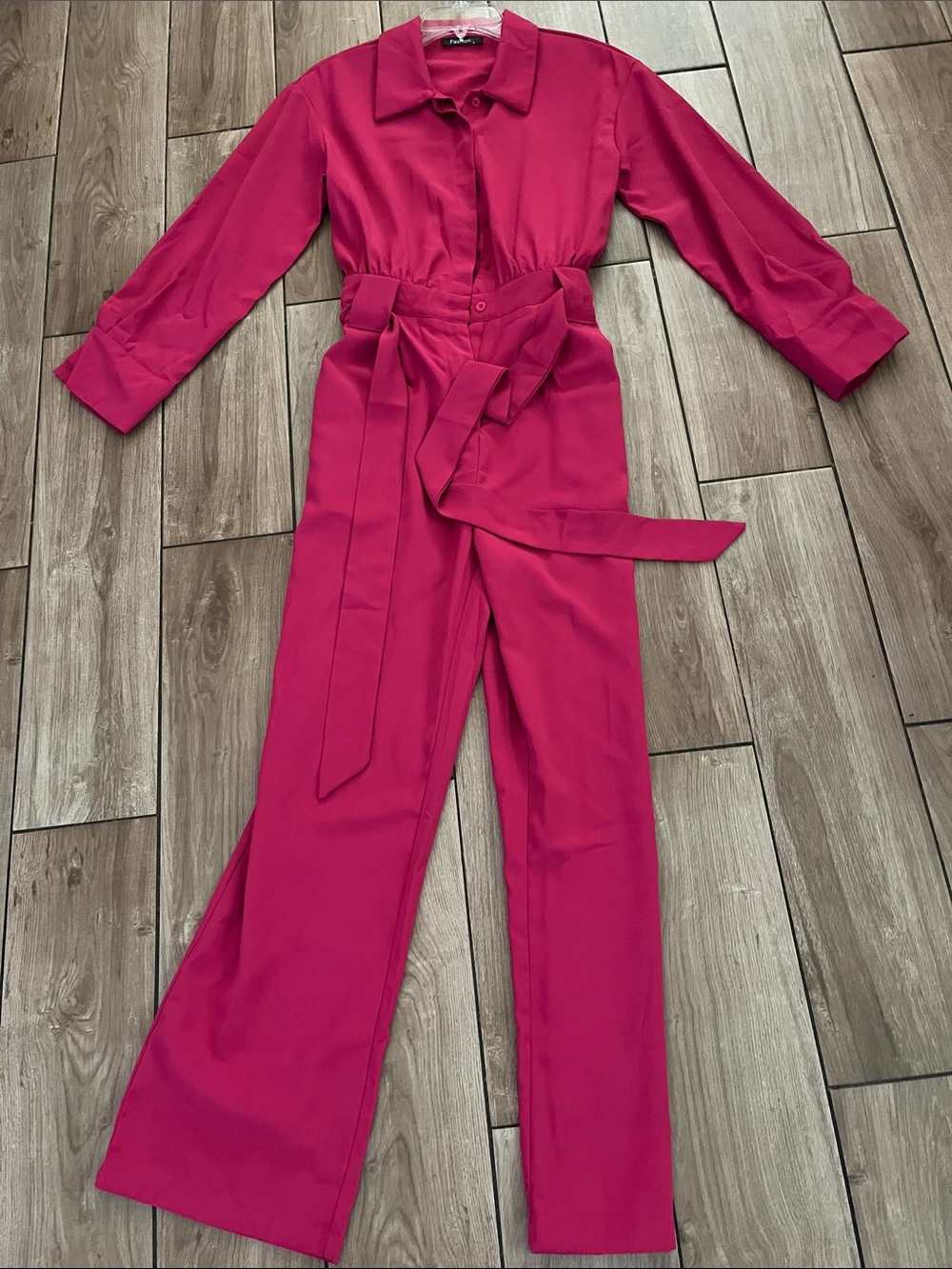 Women’s Magenta Long Sleeve polyester Jumpsuit with Tie Belt